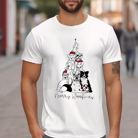 Gildan Tops - Dog Christmas T Shirt, Merry Woofmas Shirt, Dog Christmas Tree, Dog Mom Shirt